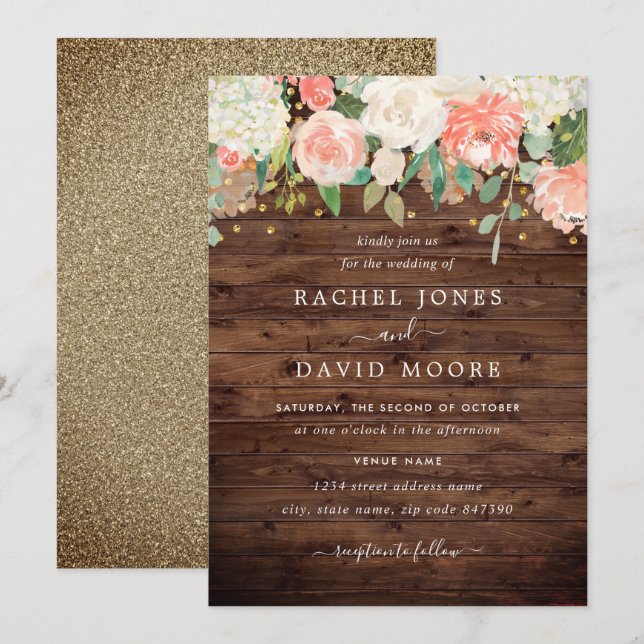 Blush Gold Rustic Wood Floral Wedding Invitation (Front/Back)