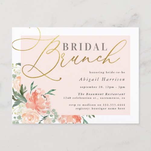 Blush  Gold Script Floral Bridal Brunch Invitation Postcard
