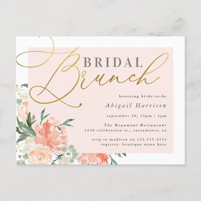 Blush & Gold Script Floral Bridal Brunch Invitation Postcard (Front)