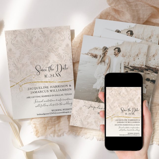  Blush Gold Scroll Damask Engaged Photograph Save The Date (Creator Uploaded)