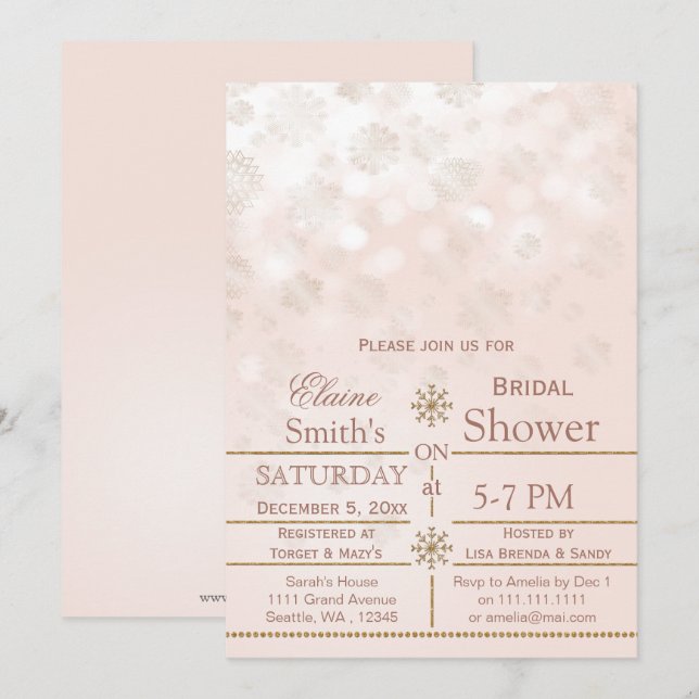 blush Gold snowflakes Winter Bridal shower Invite (Front/Back)