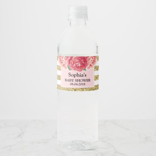 Blush Gold Stripes Pink Floral Baby Shower Water Bottle Label