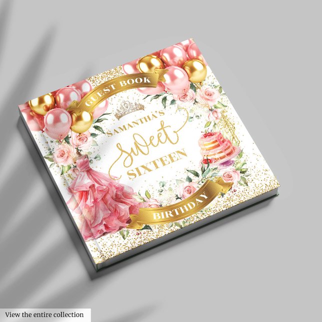 Blush Gold Sweet 16 Guest Book Watercolor (Chic Blush Gold Guest Book Sweet Sixteen)