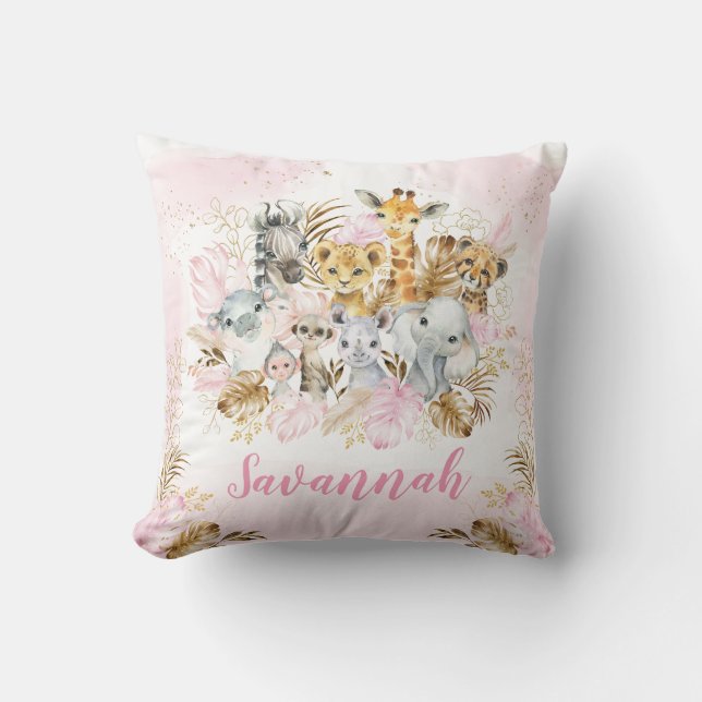 Blush Gold Tropical Jungle Safari Animals Nursery Throw Pillow (Front)