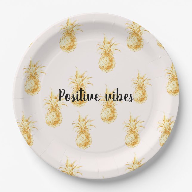 Blush Gold Tropical Pineapples personalized quote Paper Plates (Front)