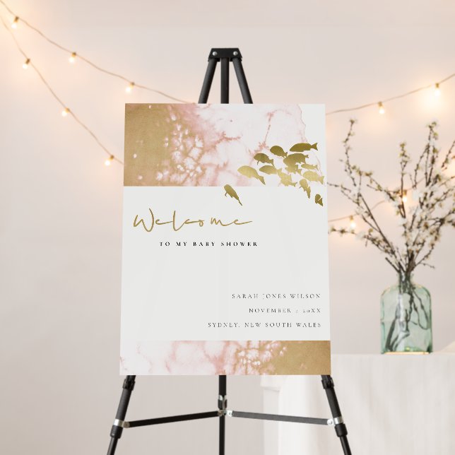  Blush Gold Underwater Fish Welcome Baby Shower  Foam Board (In Situ (Stand))
