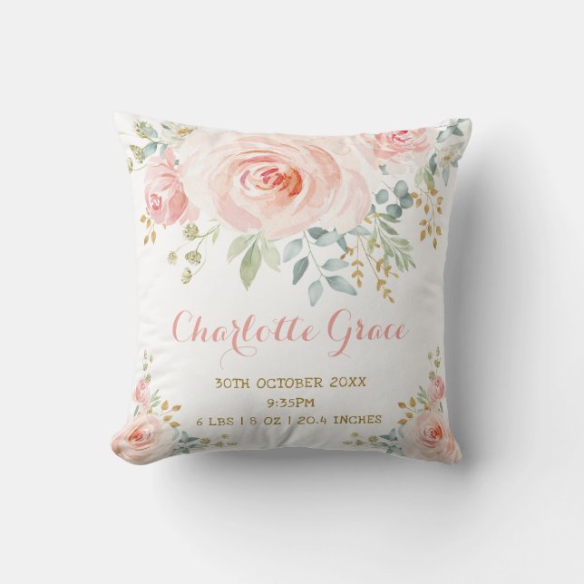 Blush Gold Watercolor Floral Birth Stats Nursery Throw Pillow (Front)