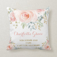 Blush Gold Watercolor Floral Birth Stats Nursery Throw Pillow