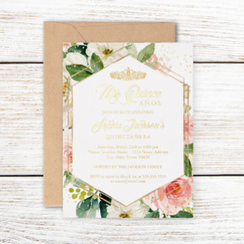 Blush Gold Watercolor Floral Modern Quinceanera  Foil Invitation by LittleBayleigh at Zazzle