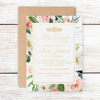 Blush Gold Watercolor Floral Quinceanera  Foil Invitation by LittleBayleigh at Zazzle