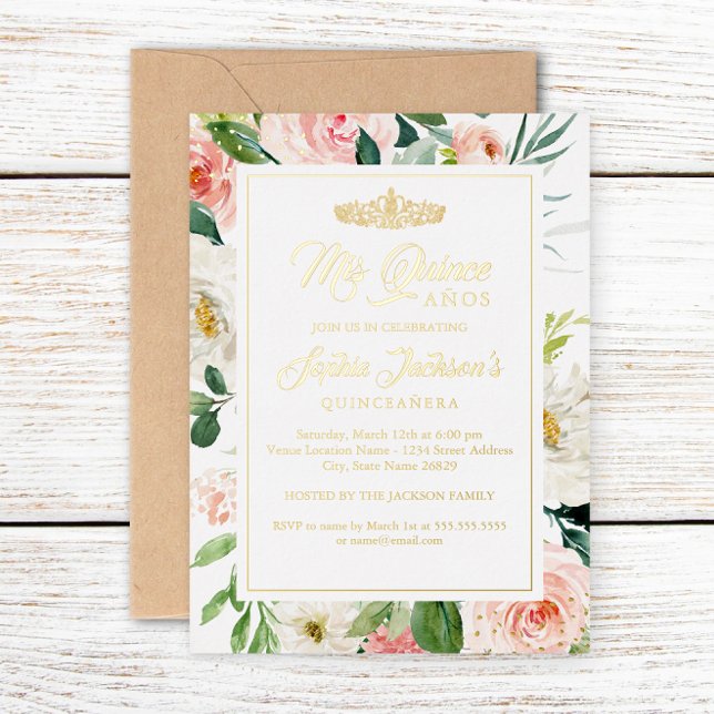Blush Gold Watercolor Floral Quinceanera  Foil Invitation (Creator Uploaded)