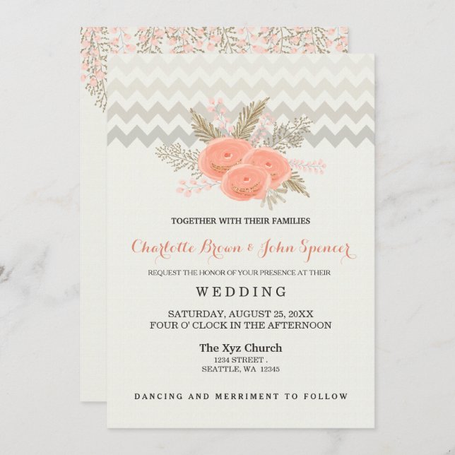 blush gold watercolor floral wedding invitations (Front/Back)