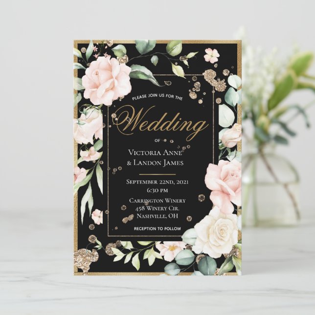Blush Gold Watercolor Romantic Floral Wedding Invitation (Standing Front)