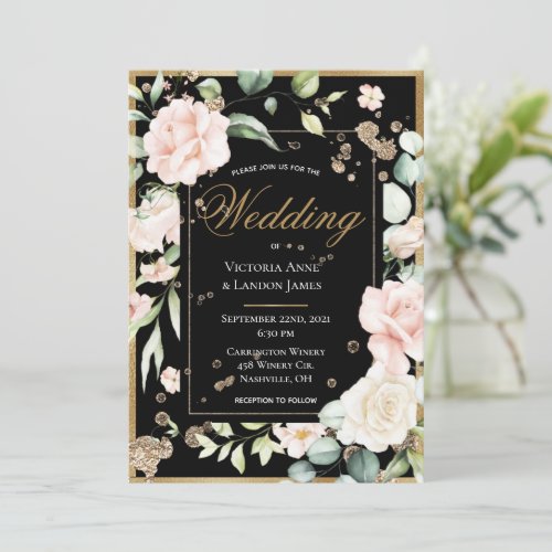 Blush Gold Watercolor Romantic Floral Wedding Invitation