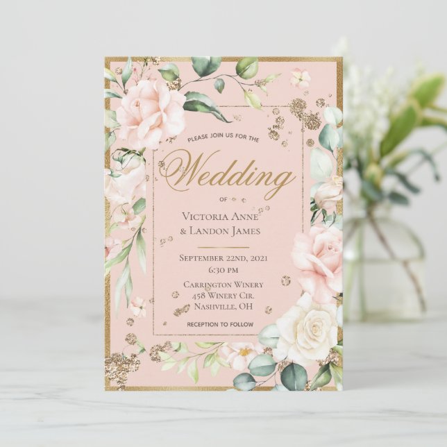 Blush Gold Watercolor Romantic Floral Wedding Invitation (Standing Front)