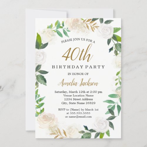 Blush Gold Watercolor Wreath 40th Birthday Invitation