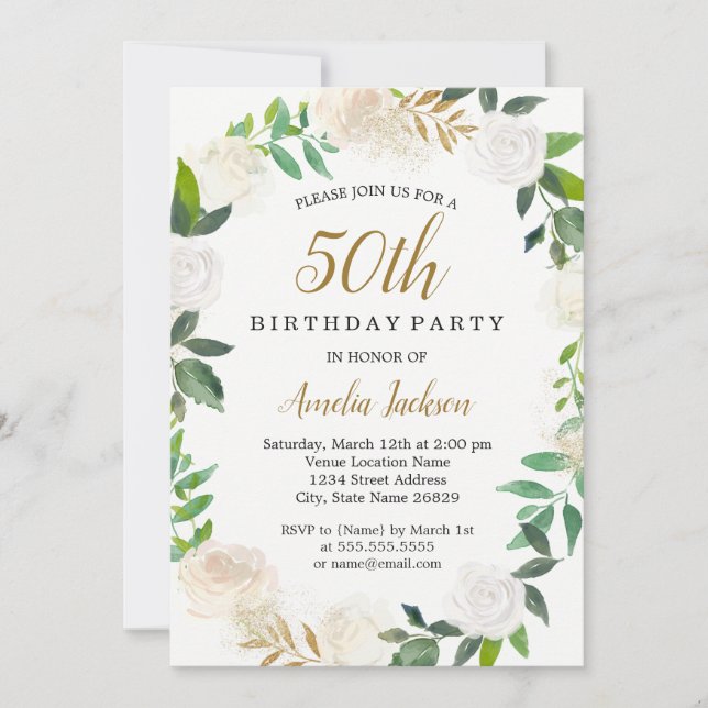 Blush Gold Watercolor Wreath 50th Birthday Invitation (Front)
