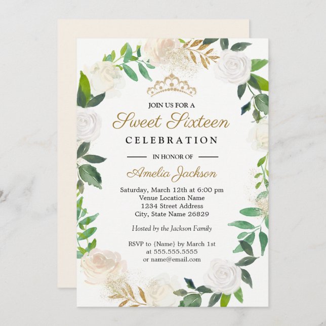Blush Gold Watercolor Wreath Sweet Sixteen 16th Invitation (Front/Back)