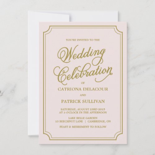 Blush &amp; Gold Whimsical Script Wedding Invitation