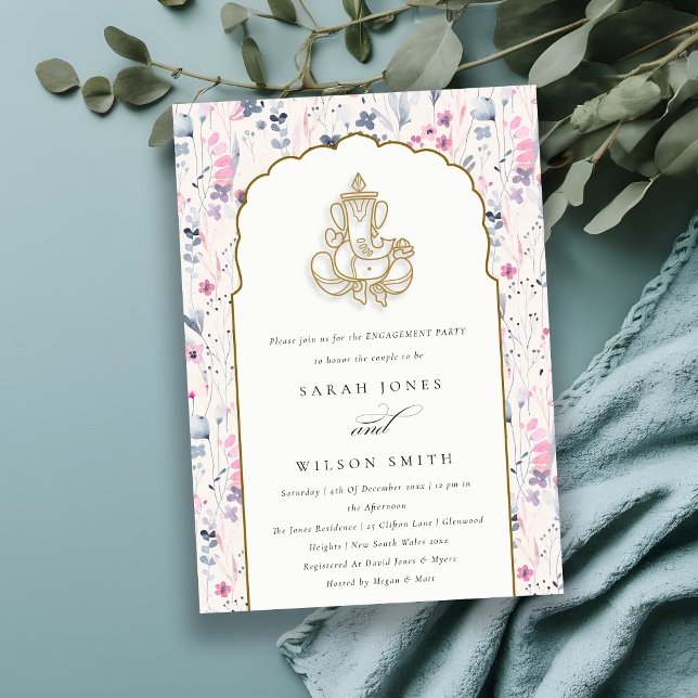 Blush Gold Wildflower Ganesh Indian Engagement Invitation (Creator Uploaded)