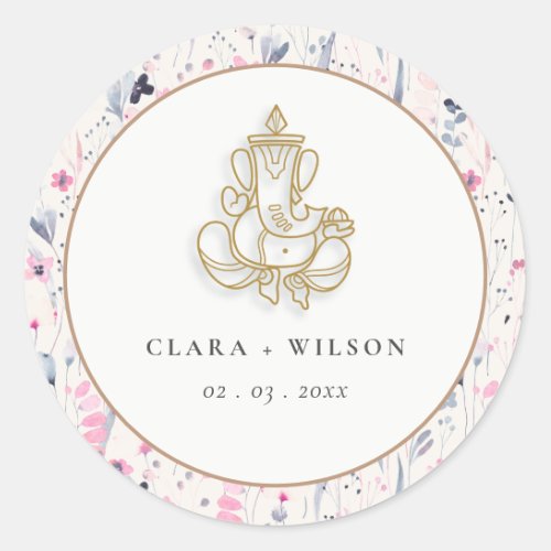 Blush Gold Wildflower Ganesh Indian Wedding Classic Round Sticker