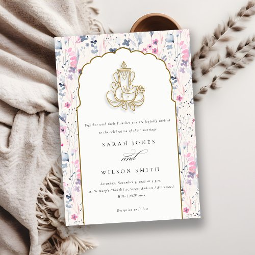 Blush Gold Wildflower Ganesh Indian Wedding Invitation