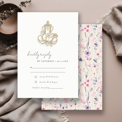 Blush Gold Wildflower Ganesh Indian Wedding RSVP Card