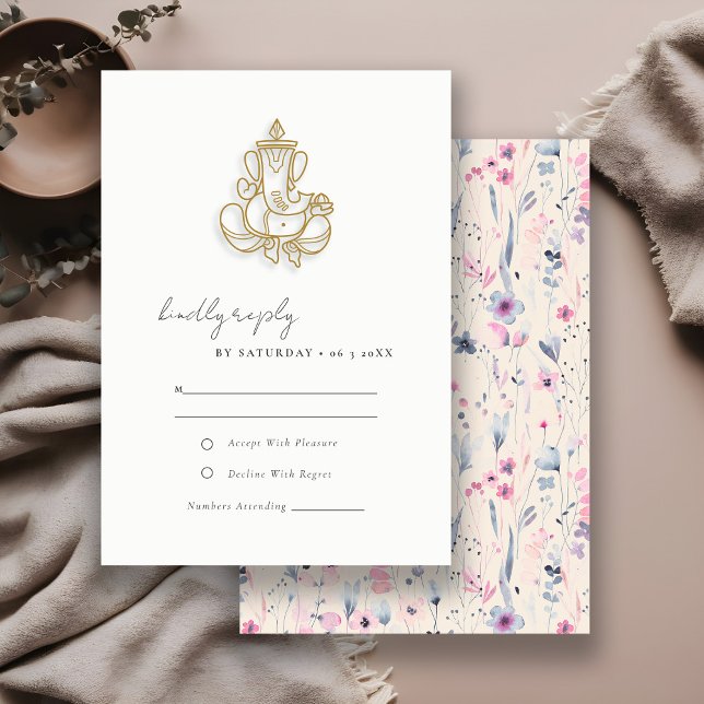 Blush Gold Wildflower Ganesh Indian Wedding RSVP Card (Creator Uploaded)
