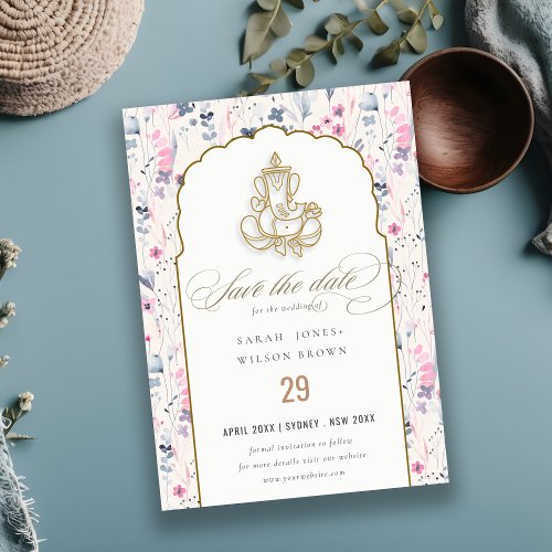 Blush Gold Wildflower Ganesh Indian Wedding Save The Date