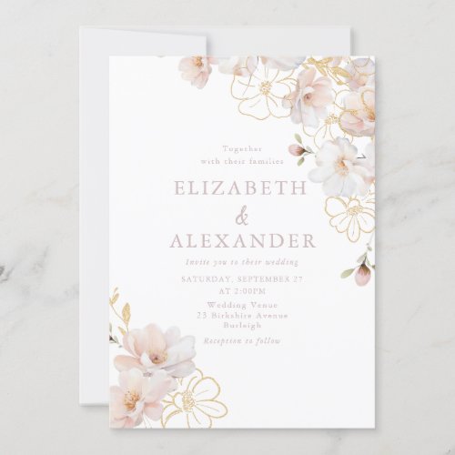Blush  Gold Wildflowers Elegant Wedding Invitation