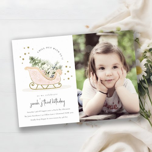 Blush Gold Winter Sleigh Photo Birthday Invite