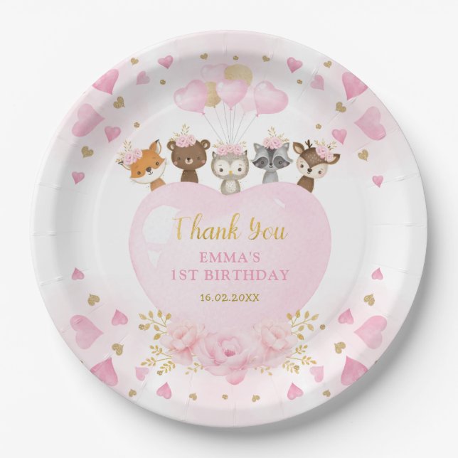 Blush Gold Woodland Sweetheart Valentines Birthday Paper Plates (Front)