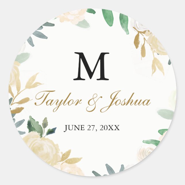 Blush Gold Wreath Monogram Wedding Sticker (Front)