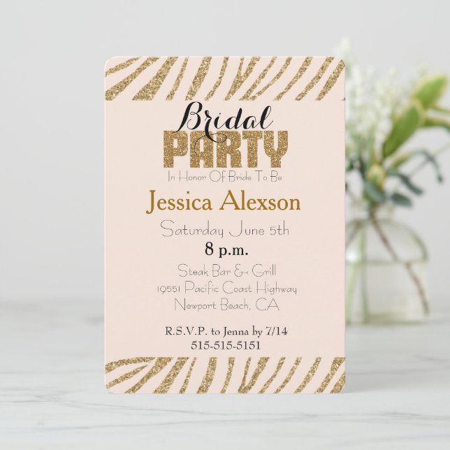 Blush Gold Zebra Print Faux Glitter Bridal Shower Invitation (Standing Front)