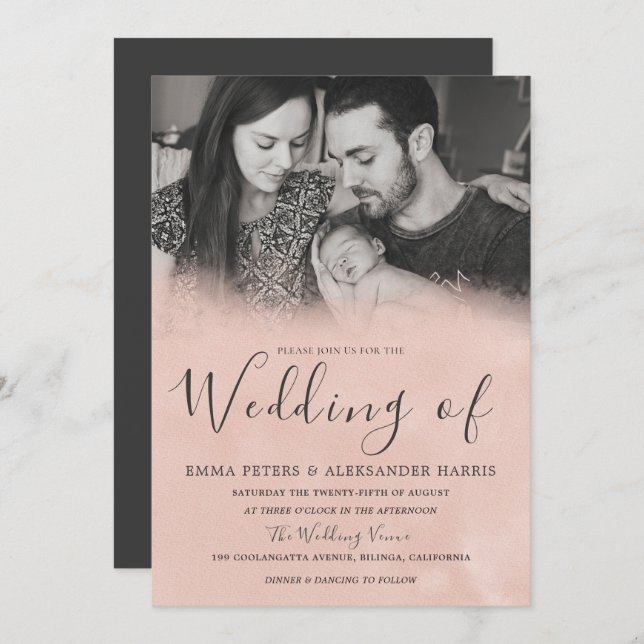Blush & Gray Black & White Photo Wedding Invitation (Front/Back)