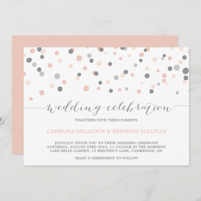 Blush & Gray Confetti Dots Wedding Invitation (Front/Back)