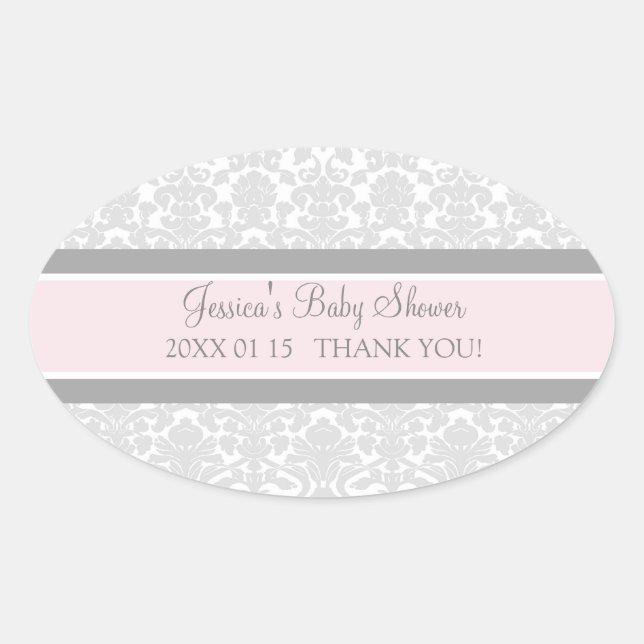 Blush Gray Damask Baby Shower Favor Stickers (Front)
