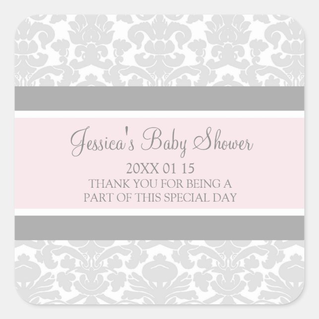 Blush Gray Damask Baby Shower Favor Stickers (Front)