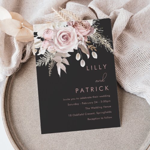 Blush  Gray Dusty Rose Floral Wedding Invitation