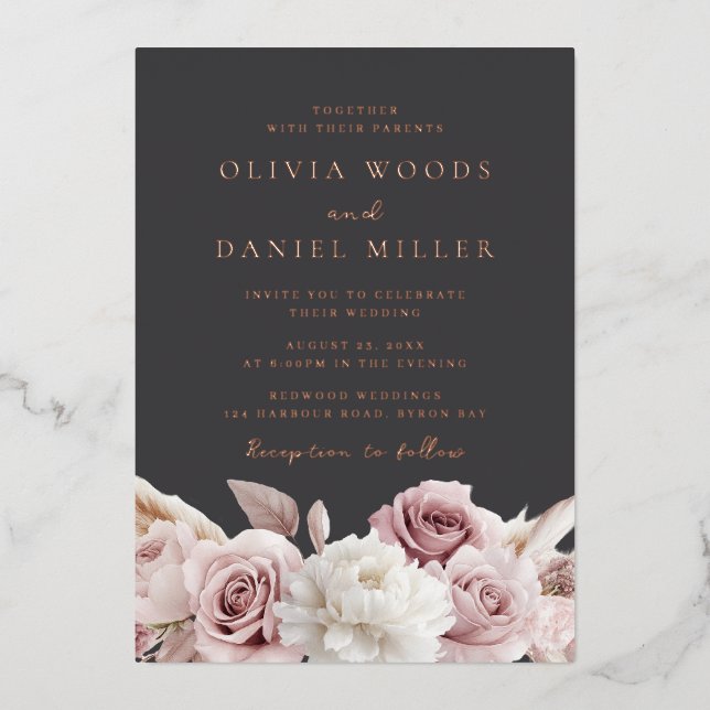 Blush & Gray Elegant Wedding Rose Gold Foil Invitation (Front)
