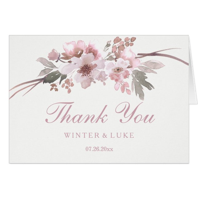 Blush & Gray Floral Wedding Thank You Card (Front Horizontal)