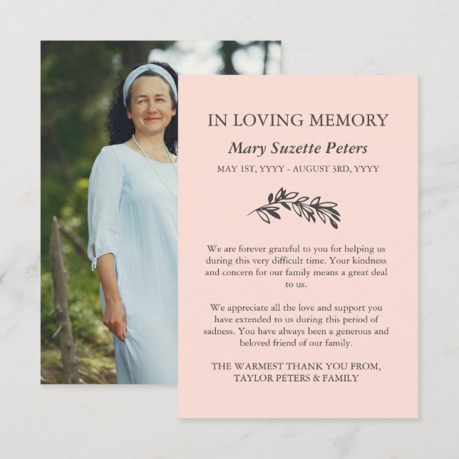 Blush Gray Greenery Sympathy With Photo Thank You (Front/Back)