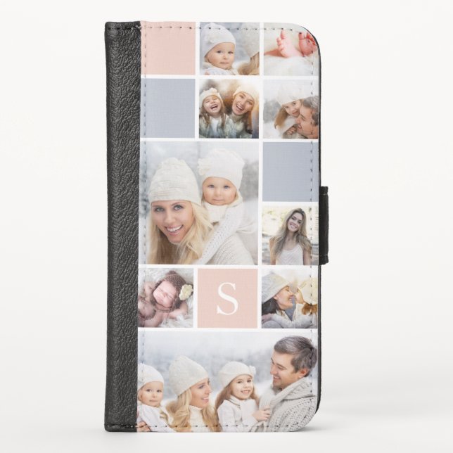 Blush & Gray Photo Collage & Monogram iPhone Wallet Case (Front)