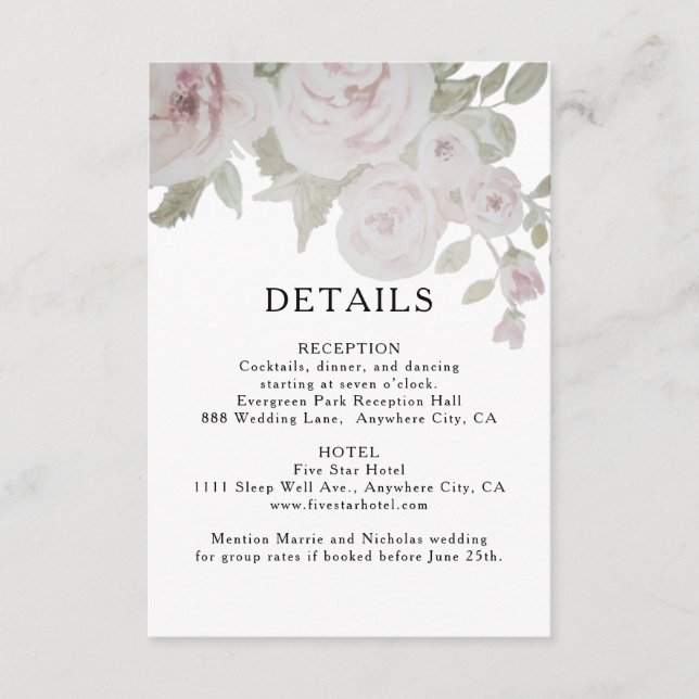 Blush Gray Pink Rose Floral Watercolor Wed Details Enclosure Card (Front)