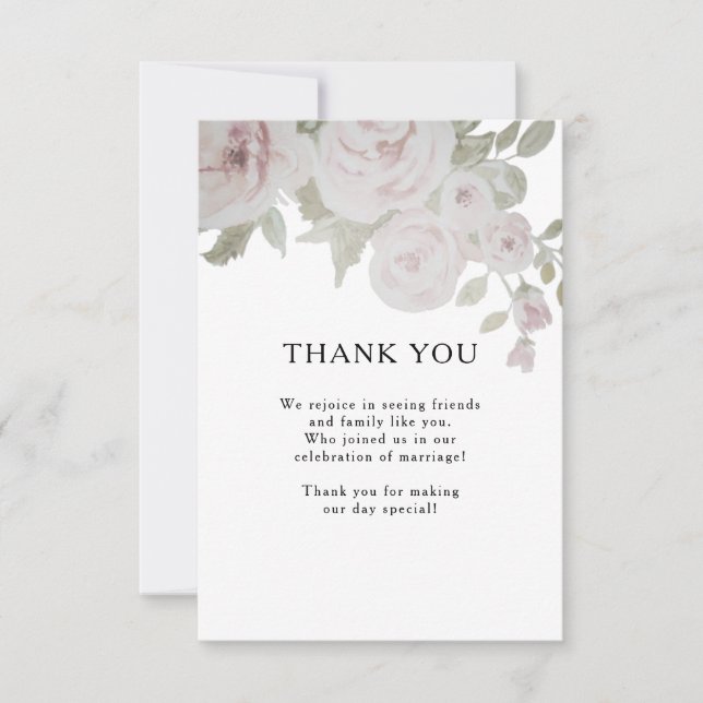 Blush Gray Pink Rose Floral Watercolor Wedding Thank You Card (Front)