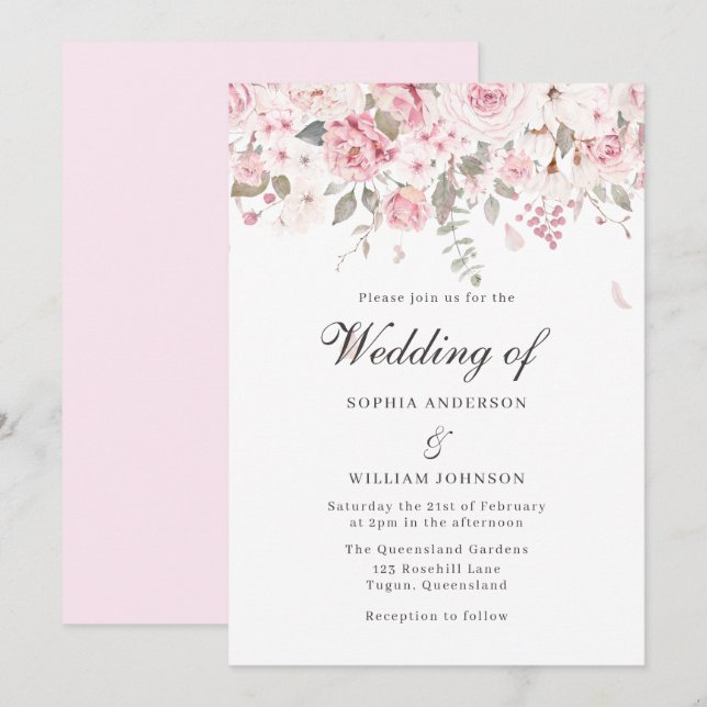 Blush & Gray Roses Elegant Floral Winter Wedding Invitation (Front/Back)