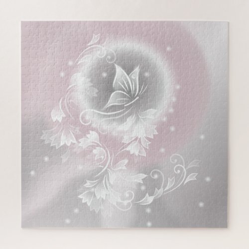 Blush Gray White Floral  Butterfly Fantasy Jigsaw Puzzle