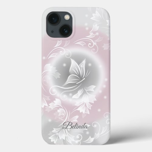 Blush Gray White Floral Butterfly Fantasy Monogram iPhone 13 Case