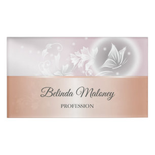 Blush Gray White Floral Butterfly Fantasy Name Tag