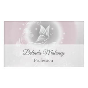 Blush Gray White Floral Butterfly Fantasy Name Tag